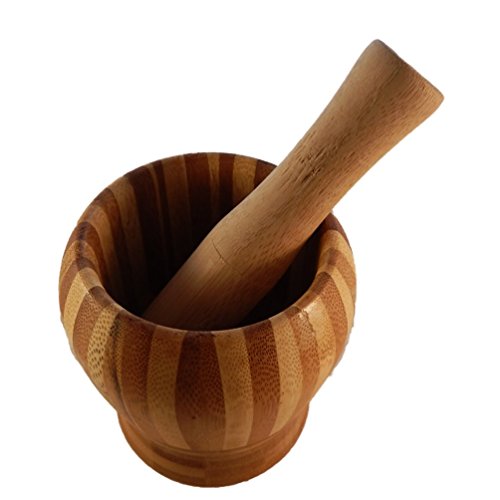 Design Bambus Mörser Holz mit Stößel Echtholz Mörser holzmörser knoblauchpresse gewürzmühle - 4