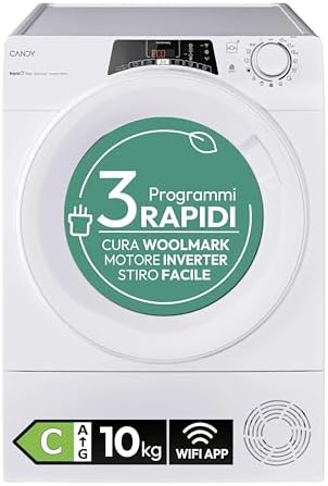 Candy RapidÓ RO EH10N3TE-S Heat Pump Dryer, 10 kg, Inverter Motor, Easy Ironing Program, Wi-Fi + BLE Connectivity, 85 x 59.6 x 58.5 cm (H x W x D), White-Class C [Energy Class C]