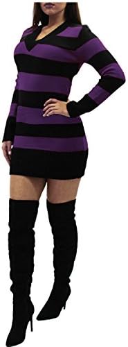 Candy Clothing Ladies Womens Plus Size Long Length Jumper Dress Top Oversized Fitted V Neck Stripe Knitted Cardigan Mini Dress (M (UK 12/14), Black Purple)