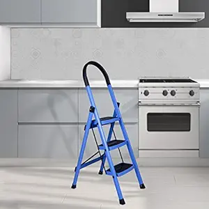 Plantex Premium Steel Folding 3 Step Ladder for Home - 3 Wide Anti Skid Steps (Blue & Black)