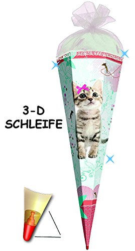 3-D Effekt _ ! - Schultüte - " süße Kätzchen - Katze " - 70 / 85 cm - rund - 6 eckig - Deko-Schleife / Rüschen & Organza / Filz - Abschluß - Zuckertüte Roth - mit Holzspitze - für Mädchen / Geschenktüte - Miezekatze / Haustiere - Tiere - Maus