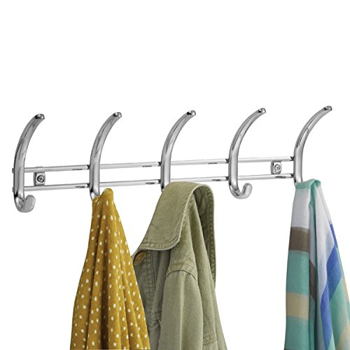 mDesign Wall Mounted Coat Rack - Coat Rail with 10 Door Coat Hooks for Jackets, Robes, Scarves and Towels - Closet Coat Rack - Silver Chrome