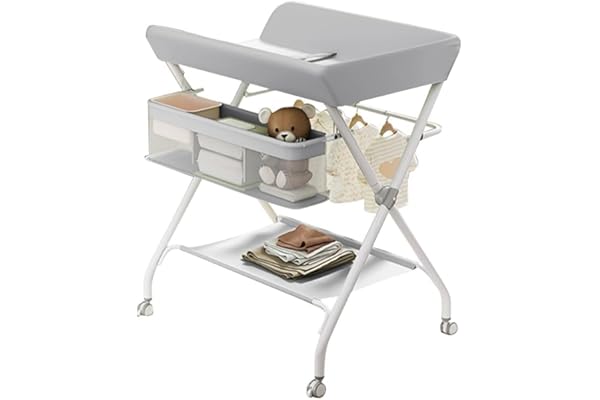 Table à Langer Bébé Pliable Avec Poches Latérales Et Roulettes, 60x80x103 Cm - Plan à Langer Bébé Portable Avec Panier Et Sécurité - Support Jusqu'à 25 Kg Pour Nouveau-Nés, Ergonomique Et Pliable,Gris