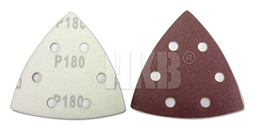 120 Stück HKB ® Schleifdreiecke, 93x93x93mm mit Klett-Verbindung, 6-Loch für Delta-Schleifer, je 24 Stück Korn 40,60,80,120,180, Schleifmittel Korund, Hochwerige Profi-Qualität für verschiedene Oberflächen, feiner und riefenfreier Schliff, für detailgenaues Schleifen in Ecken und an Kanten, universell einsetzbar, Artikel-Nr. 20271 - 6
