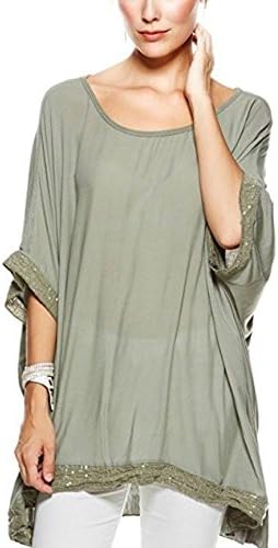 Sevento LTD Ladies Womens Italian Lagenlook Sequin Trim Baggy Top Short Sleeve Sequin Hem Kaftan Tunic Top Blouse One Size Plus UK 12-20 UK (Khaki)