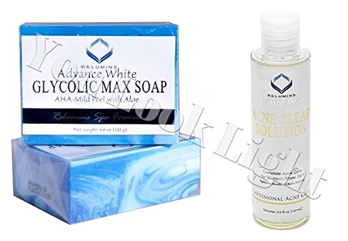 Glycolic Max Soap AHA-Mild Peel w/ Aloe- Professional Spa Formula + Relumins Medicated Professional Acne Clear Solution/Toner With Acne Fighting Botanicals