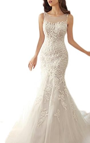 LYDIAGS Women's Wedding Dresses Scoop Mermaid Court Train With Applique White UK16