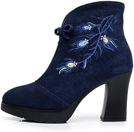 Best 4U? Women's Shoes Suede Genuine Leather Winter Boots Rubber Sole Round Toe Chunky Heel Martin Boots Embroidery Flower , 38