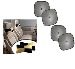 AUTO CAR WINNER Black-Beige Neck Rest & Foldable Black Sun Shades(Set of 4) Combo