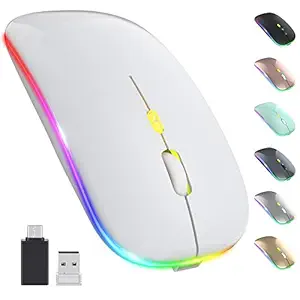 ?Upgrade? LED Wireless Mouse, Rechargeable Slim Silent Mouse 2.4G Portable Mobile Optical Office Mouse with USB & Type-c Receiver, 3 Adjustable DPI for Notebook, PC, Laptop, Computer, Desktop (White)