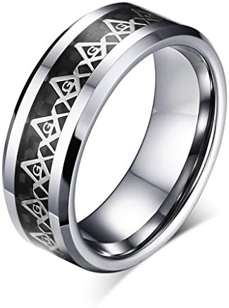 Xiangling Jewelry 8MM Tungsten Carbide Black Carbon Fiber Masonic Inlay Engagement Band and Wedding Rings for Men Size 11