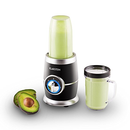 Klarstein • Juicinho Nero • Standmixer • Küchenmixer • Smoothie Maker • Blender • 220 Watt • 8-teilig • 1x Kreuzklinge • 1x Flachklinge • Puls-Funktion • 2 Geschwindigkeitsstufen • 2 Mixerbecher • 2 Verschlussdeckel • 1 Trinkbecher • Zerkleinerer • schwarz - 8