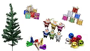 The Click India Christmas Tree Celebration Combo Decorations Items Balls Shanta Clous Bells Gifts Drums Snow Stars Christmas 1 Feet Tree with 30 Ornaments Ornaments