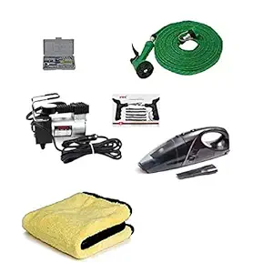 Grizzly Car150 psi Tyre Air Pump,Car Cleaning Vacuum Cleaner, High-Pressure Steam Washer Water Gun Pipe, 40 Pcs Toolkit Socket Set, Tubeless Tyre Puncture Repair Kit, Microfiber Washing Cloth Combo