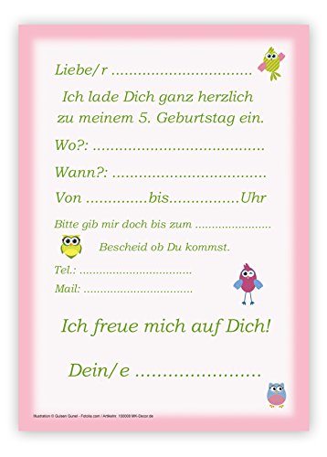 Einladungskarten Kindergeburtstag zum 5. Geburtstag in rosa mit Eulen, incl. passender Umschläge - 3