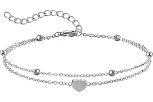 AFSTALR Fußkette Damen Fusskette Edelstahl Herz Layered Anhängern Silber Doppel-Fußkettchen Für Damen Edelstahl Verstellbare Silber Fußschmuck Coin Fußkette Für Damen