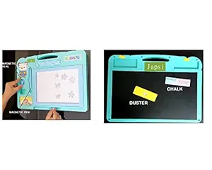 JAPSI Magic Slate + Black Slate - 2 in 1; Erasable Magic White Board and Black Chalk Board; Black Board (Slate) with Chalk ; Create Writing Interest in Kids ; Random Colors ; Age 2 Years and Above