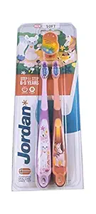 Jordan Step 3 Kids Toothbrush, 6-9 Years, Soft Bristles, BPA Free (Pack of 2, 6-9 Years - Orange & Purple)