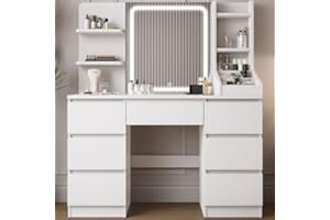 TRIUMPHKEY Tocador de Maquillaje Grande con Espejo LED de 3 Tonos, Brillo Ajustable, Tocador Moderno con 4 Estantes y 7 Cajones, Mesa de Maquillaje con 3 Compartimentos Abiertos, Blanco