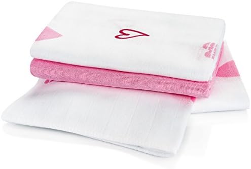 Makian - Muslin Squares / Nappies / Burp Cloths / 3 Pack / 80x80 cm / Pink Hearts / Double Woven - Oeko-Tex Certified, washable at 60°C