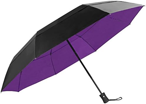 Travel Umbrella Windproof Auto Open Close Large Sized Double Canopy Waterproof & Sunproof 46 Inch Oversized Folding Umbrellas – Black/Purple