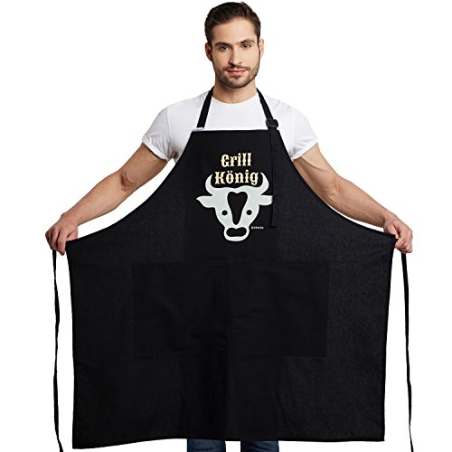 Inhoma Grillschürze bedruckt: "Grill König" in Schwarz | 100% Baumwolle | Barbecue-Schürze mit praktischen Taschen & verstellbarem Nackenband | extra groß 1x1m | Männergeschenk | mit Spruch