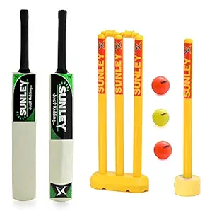 Sunley Just Kidding Popular Willow Cricket Bat with 2 Wicket Set & 3 Wind Ball for Kids (Size 3, Age 6-8 Years Old Kids)