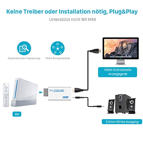 GHB Wii HDMI Adapter Wii zu HDMI Konverter Wii Signal automatisch auf 720p/ 1080p und HDMI-Anschluss / 3,5 mm Klinke Ausgang aus mit HDMI Kabel - 5