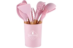 FUYTERY 11 Utensilios de Cocina de Silicona para Cocina Juego de cucharas y Palas de Acero Inoxidable Resistente al Calor (Rosa)