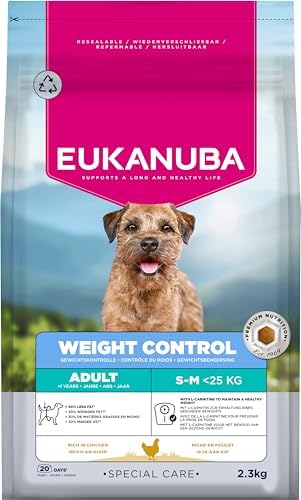 EUKANUBA Weight Control Cibo per cani con pollo, razze piccole e medie, come cani sterilizzati/castrati - Mangime secco a basso contenuto di grassi studiato per mantenimento del peso o dieta, 2,3 kg