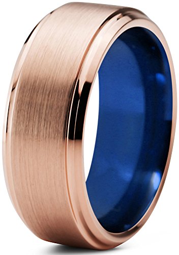 Tungsten Wedding Band Ring 8mm for Men Women Blue 18k Rose Gold Beveled Edge Brushed Polished Lifetime Guarantee