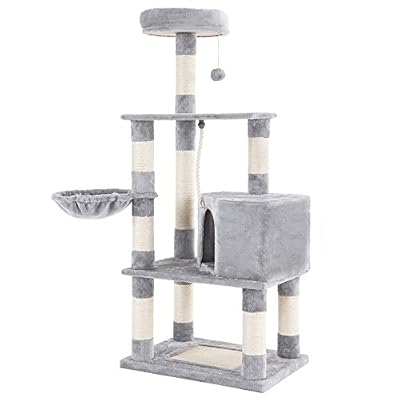 FEANDREA SONGMICS Arbre à chat avec griffoir Multi niveaux Niche Panier suspendu Salle de jeux Couleur grise claire PCT60W