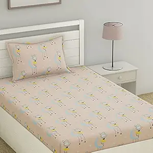 haus & kinder Girl on The Moon 100% Cotton Single Bedsheet for Kids with 1 Pillow 186 TC (Peach)