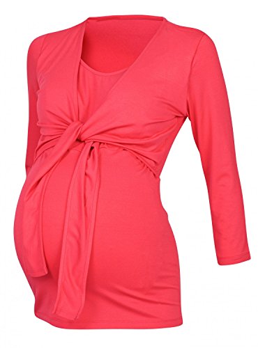 Happy Mama. Women's Maternity Nursing 2in1 Top Shirt Stretch 3/4 Sleeve. 619p (Coral, UK 12)