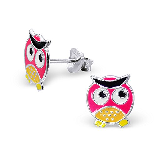 Bungsa© Pinke Eule Kinder-Ohrstecker .925 Sterling Silver (Ohrringe Echtschmuck Studs Ohrschmuck Jungs Mädchen)