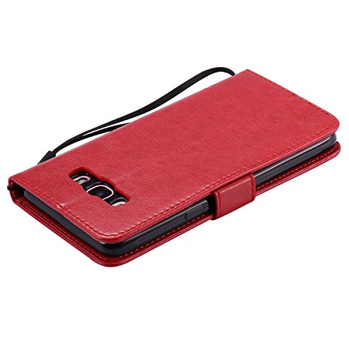 Samsung Galaxy J5 2016 Hülle Rote im Retro Wallet Design,Cozy Hut Samsung Galaxy J5 2016 Hülle Leadertasche Premium Lederhülle Flip Case im Bookstyle Folio Cover Kartenfächer Magnetverschluss und Standfunktion Leder Schale Etui für Samsung Galaxy J5 2016 / SM-J510 5,2 Zoll Handytasche Schutzhülle Katzen und Bäume Muster – Rote - 5