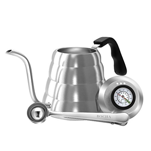 BOCHA – Handbrüh Kaffee Und Tee Kessel 1,2 L Edelstahl Wasserkessel Mit Temperaturanzeige Thermometer, Gratis Schaufel Beutel Klammer Und Ebook Inbegriffen