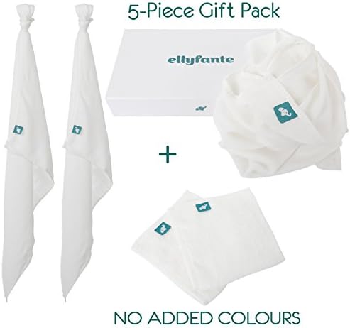 * Just Launched * Ellyfante 5-Piece Bamboo Baby Washcloths and Baby Muslin Gift Set | GIFT PACK contains 100% Organic Bamboo Baby Washcloths (x2) and 100% Organic Bamboo Baby Muslin Squares (x3) | Extremely Soft, Smooth on skin, Organic and Eco-Friendly Muslin Cloths and Face Wash Cloths set | EBAM003