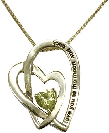 Sterling Silver Birthstone Heart Necklace Inscribed 'I Love You To The Moon And Back' - August