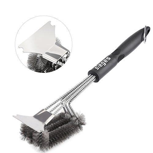 SIEGES BBQ Grillbürste mit integriertem Reinigungsschaber,3 Edelstahlbürsten in 1,360° Reinigung,18" Extra Langer PP Wärmedämmung Griff, Perfekt für Outdoor und Camping