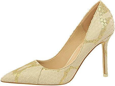 European and American high-heeled shoes high-heeled shallow sexy nightclub slim mesh hollow shoes sexy retro high-heeled shoes with high-heeled shallow mouth pointed sexy nightclub was thin mixed-color snakeskin shoes XIAOQI ( Color : Beige , Size : 36 )