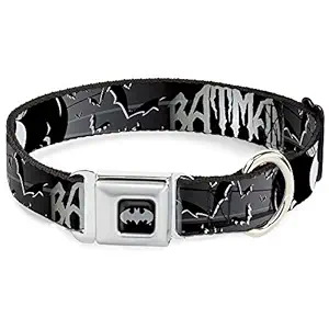 Buckle-Down Dog Collar Seatbelt Buckle Batman Bat Signals Flying Bats Black White 18 to 32 Inches 1.5 Inch Wide (DC-SB-BMA-WBM036-1.5-L)