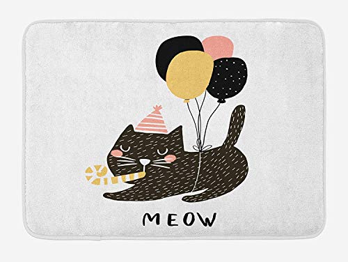 Cat Bath Mat, Birthday Party Feline with Balloon and Hat Hand Drawn Festive House Pet, Plush Bathroom Decor Mat with Non Slip Backing, 23.6 W X 15.7 W Inches, Pale Pink Pale Brown Black