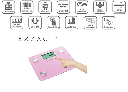 EXZACT Mini Körperanalysewaage/ Tragbare Elektronische Personenwaage/ Körperfettwaage/ Digitale Personenwaagen – Fett / Trink / Muskel / Knochen – 1.7 cm Dicke (Ultra Slim) – 12 Anwenderspeicher – 150 kg / 330 lb (Rosa) - 3