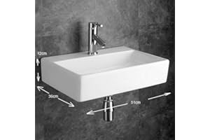 Clickbasin | Counter Top or Wall Hung Rectangle Sink | in White Durable Ceramic | Good Family Size Basin | 510mmm x 360mm Calabria