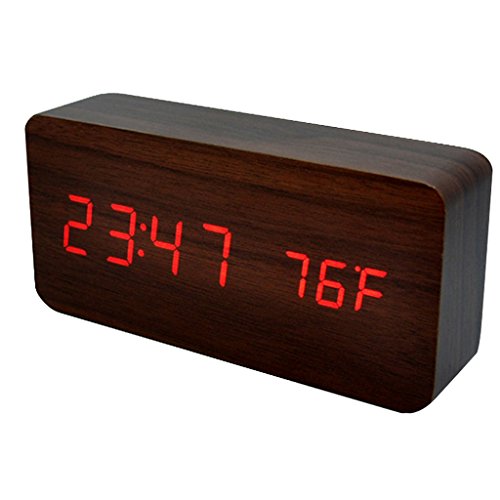 Holz Digital LED Wecker Uhr Soundsteuerung Temperatur Anzeige - Braun Rot, 30mm