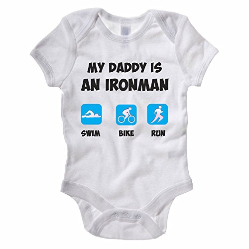 MY DADDY IS AN IRONMAN - Triathlon / Triathlete / Swim / Bike / Run / Sport / Themed Baby Grow / Vest (suitable for Boys and Girls) (3-6 Months, White)