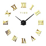 FAS1 Moderne DIY Große Wanduhr Big Armbanduhr Aufkleber 3D Spiegel Aufkleber Römischen Ziffern Wanduhr Home Office Abnehmbarer Dekoration (Akku Nicht Enthalten) Gold