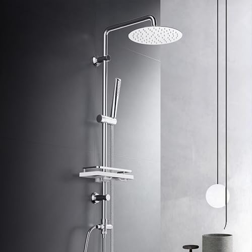 Görbach Colonna Doccia Acciaio Inox Senza Miscelatore Fori Muro Regolabili Colonna Doccia idromassaggio Asta Doccia Saliscendi Doccia con soffione a Pioggia e Porta Ogetti Mensola(D20cm)