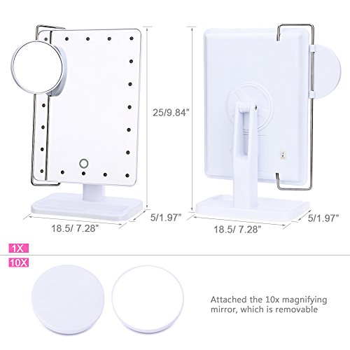 20 Dimmbare LED Make-up Spiegel, Touch Screen Dimmen Kompakt Spiegel mit Beweglichen 10X Vergrößerung Spot, Bidirektionaler Schwenkbeleuchtung Kosmetikspiegel, Eitelkeitsspiegel Rasierspiegel für Make up, Dressing, Pflegen, Zahnseide (Weiß) - 5